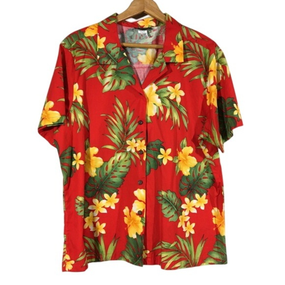 Puanani Hawaiian Aloha Shirt‎ Puamala Red Tropical Floral Print Button Up Plus